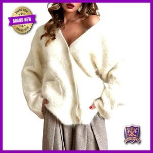 Fuzzy V-Neck Cardigan Sweater with Pockets, Loose Fit, Long Sleeve